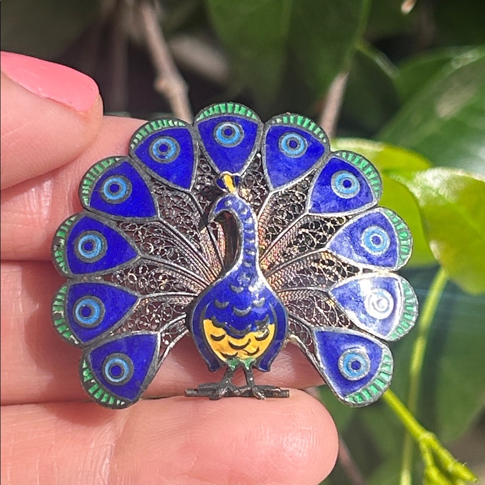 Vintage Sterling Silver Enameled Filigree Peacock Portugal Brooch